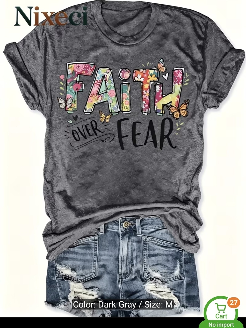 Faith Over Fear Graphic Tee | Dark Gray Floral Butterfly T-Shirt - Picture 2 of 5